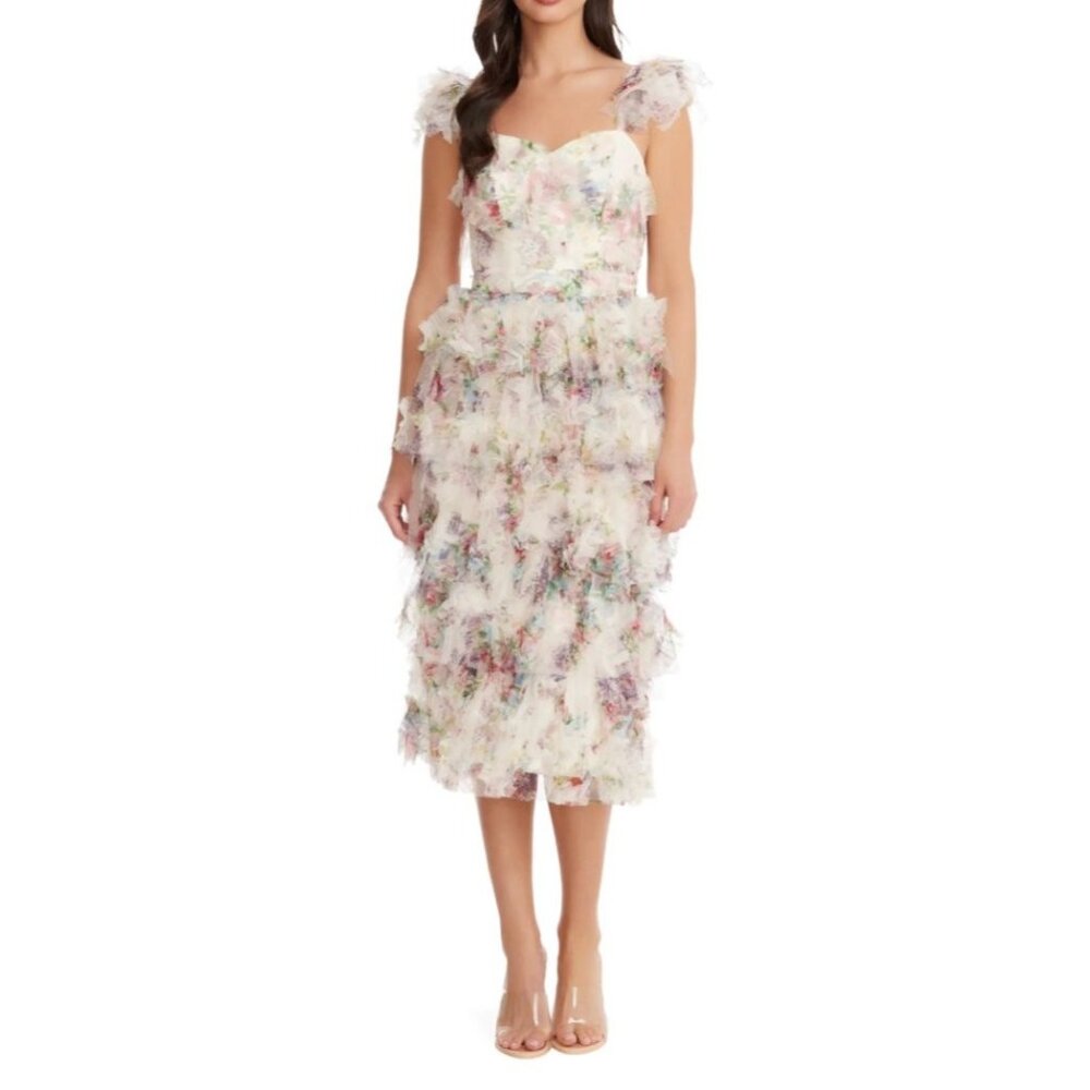 NWT | Dress the Population Kristen Flutter Sleeve Ruffle Tier Dress | Sz M